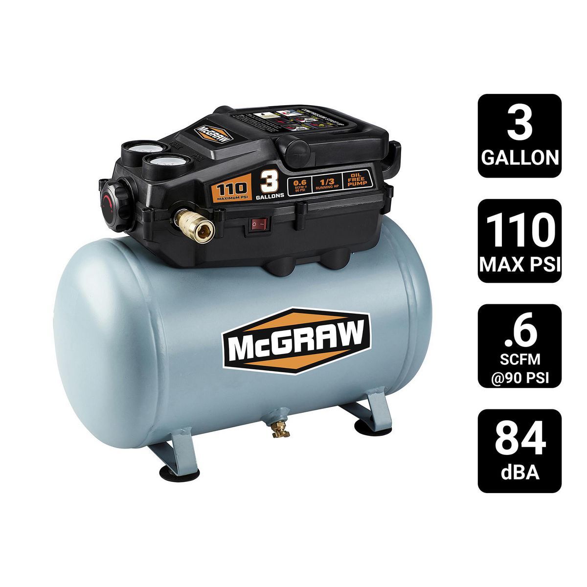 McGraw 3 Gallon 1/3 HP 110 PSI OilFree Hot Dog Air Compressor 49.99