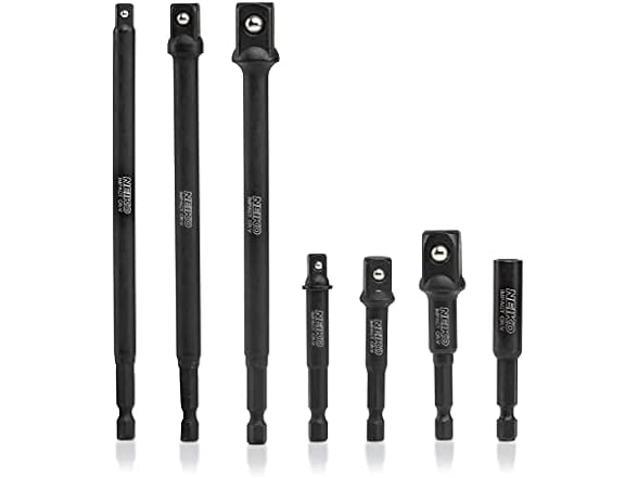 NEIKO 00254A Impact Socket Adapter and Magnetic Bit Holder, 7-Piece Set, 1/4" Hex Shank with 1/4, 3/8, 1/2-Inch Drive, Socket Adapter Extension Set 6" Long, Cr-V Steel $11.6