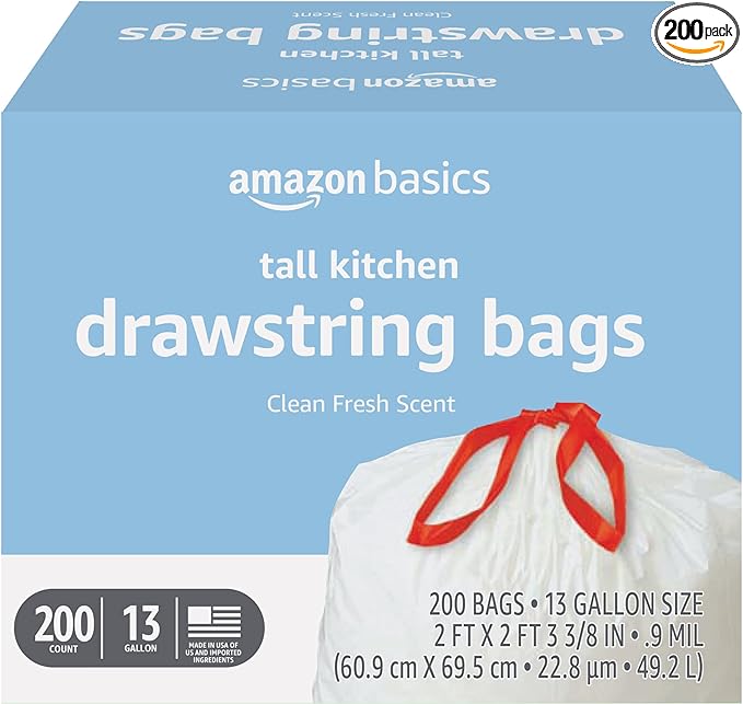 200 Count Amazon Basics Tall Kitchen Drawstring Trash Bags, Clean Fresh Scent, 13 Gallon w/S&S $21.20