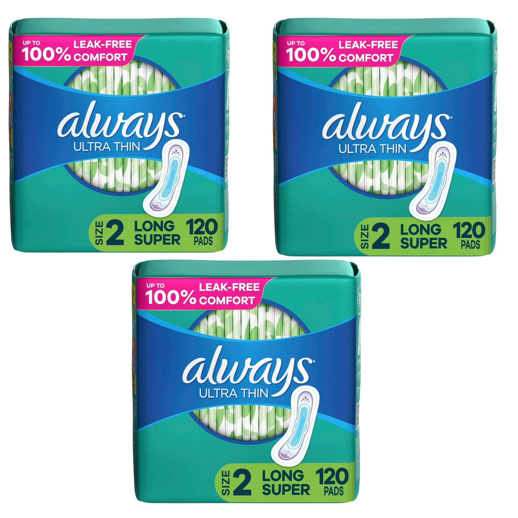 Always Ultra Thin Feminine Pads: 3-Pack 40-Count Unscented (Size 2) $3.95 ($1.30 each) w/ S&S + Free Shipping w/ Prime or $25+