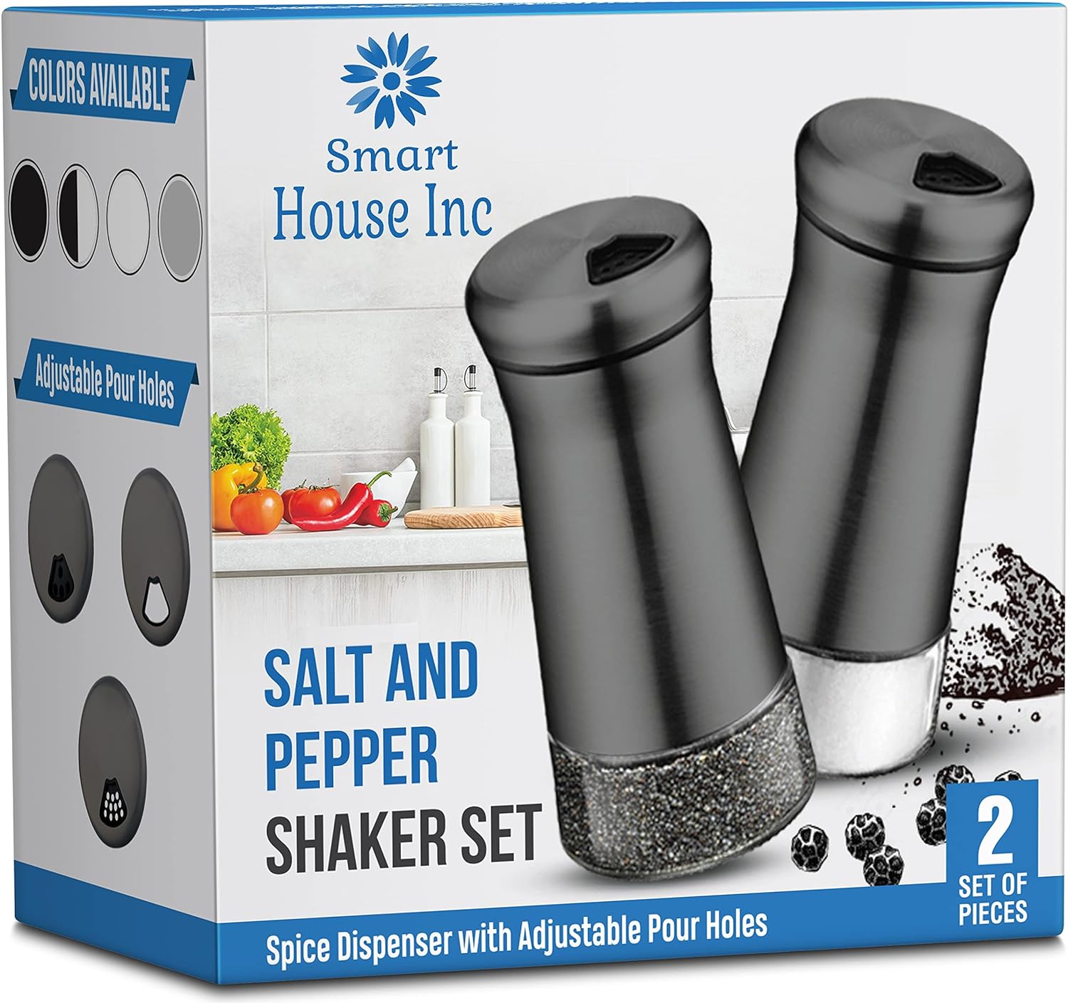 2-Piece Smart House Inc 4-Oz Stainless Steel Salt & Pepper Shaker Set w/ Adjustable Coarseness (Black) $5.30 + Free Shipping w/ Prime or $35+