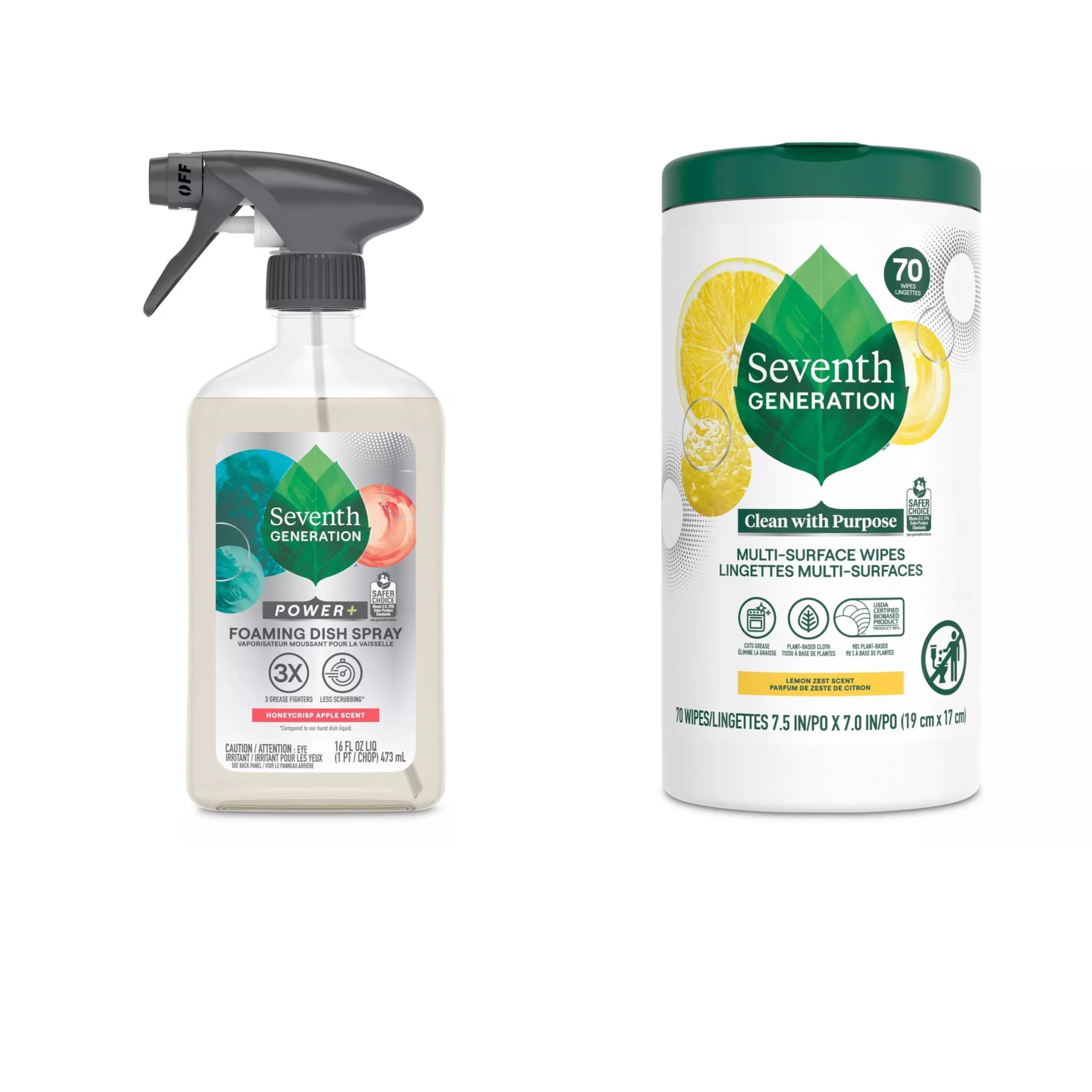 Seventh Generation 16Oz Foaming Dish Spray (Honeycrisp Apple) + 70Count Cleaning Wipes (Lemon