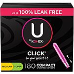180-Count U by Kotex Click Compact Tampons (Regular &amp; Super) + $6 Amazon Credit for $28.15 w/ S&amp;S + Free Shipping w/ Prime or $35+