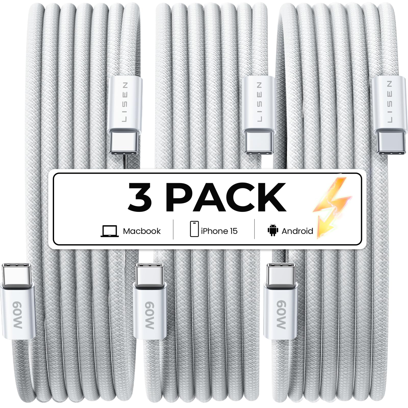 3-Pack LISEN 6.6' 60W USB-C to USB-C Charger Cables $4.95 + Free Shipping w/ Prime or $35+