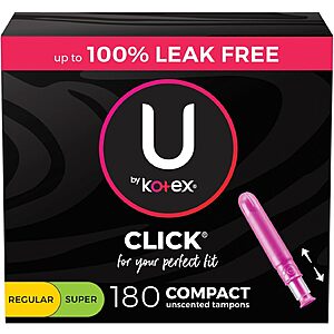 180-Count U by Kotex Click Compact Tampons (Regular & Super) + $  6 Amazon Credit for $  28.15 w/ S&S + Free Shipping w/ Prime or $  35+