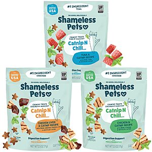 3팩 2.5온스 Shameless Pets 크런치 고양이 간식(소화 지원 포함)(다양한 팩) $5.89 S&S 포함