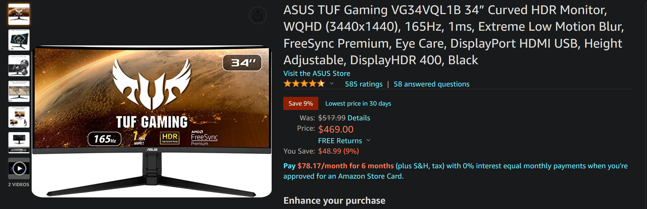 ASUS TUF Gaming VG34VQL1B 34” Curved HDR Monitor, WQHD $469 Amazon
