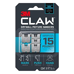 5-Pack 3M CLAW Drywall Picture Hanger w/ Temporary Spot Marker (Up to 15 Lbs) 