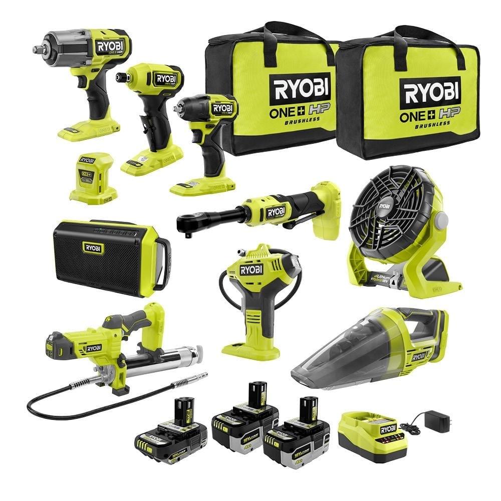 RYOBI ONE+ 18V Cordless 10-Tool Ultimate Automotive Kit with (1) 2.0 Ah Battery, (2) 4.0 Ah Battery, Charger and (2) Bags PCL2000K3N - $599.00