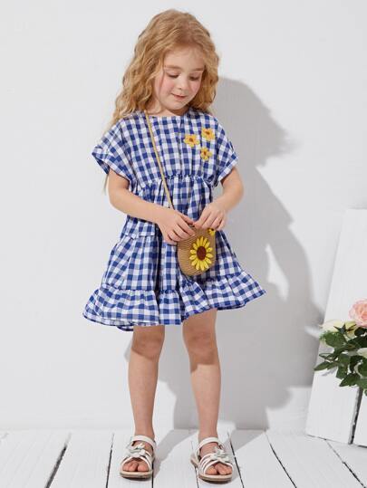 SHEIN Toddler Girls Floral Appliques Gingham Dress $8