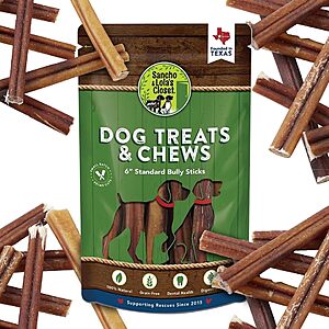 Supreme 6-inch Standard Bully Sticks by Sancho and Lola’s (5 Pack) All-Natural,Long-Lasting Dog Chew Treats - Free-Range,Grass-Fed Beef - Low Odor $14.97