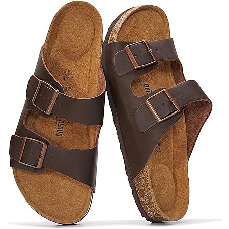 Project Cloud 100% Genuine Leather Mens Sandals - Memory Foam Insole Birkenstock; Cork Footbed Slides for Men Footwear - Non-Slip Summer Sandals Lightweight Mens Slides