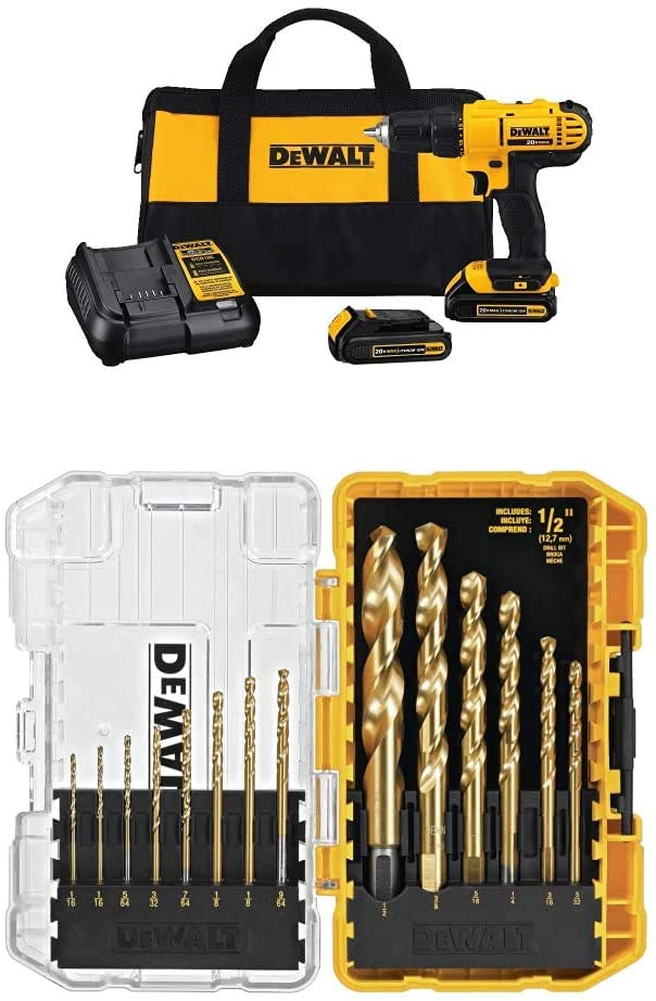 DEWALT 20V Max Cordless Drill / Driver Kit, Compact, 1/2-Inch with 14-Piece Titanium Speed Tip Drill Bit Set (DCD771C2 & DW1341) $99