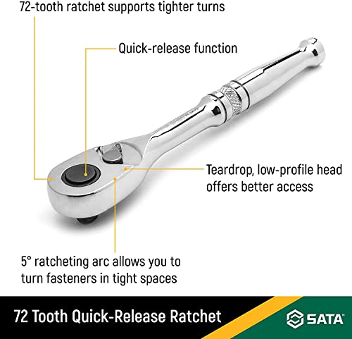 SATA 3/8-Inch Drive Quick-Release 72-Tooth Ratchet with an Teardrop Head, Full-Polished Chrome Finish - ST12971U Free Shipping w/ Prime or on orders $25+ | $8.91