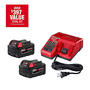 2-Count Milwaukee M18 18V 5Ah Li-Ion Battery Kit w/ Charger +