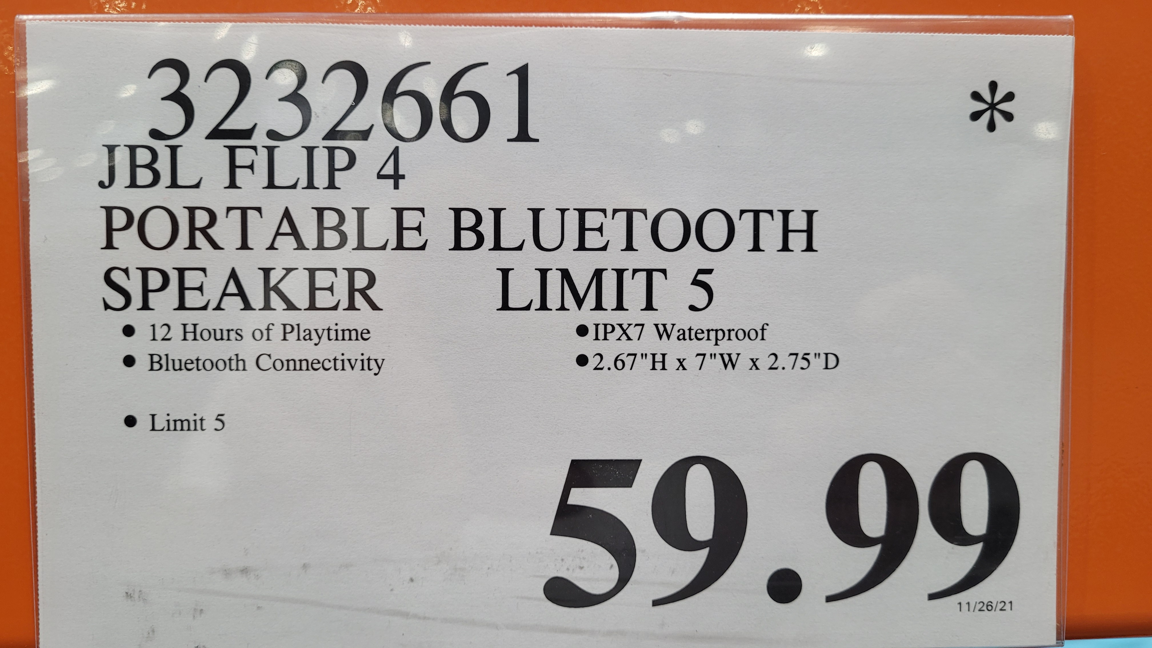 JBL Flip 4 Bluetooth Speaker. $59.99 Costco (in-store) Item: 3232661