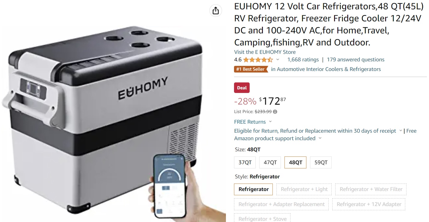 EUHOMY 12 Volt Car Refrigerators,48 QT(45L) $172.87 / 55Liter(59qt) $219.99- 12/24V DC and 100-240V AC