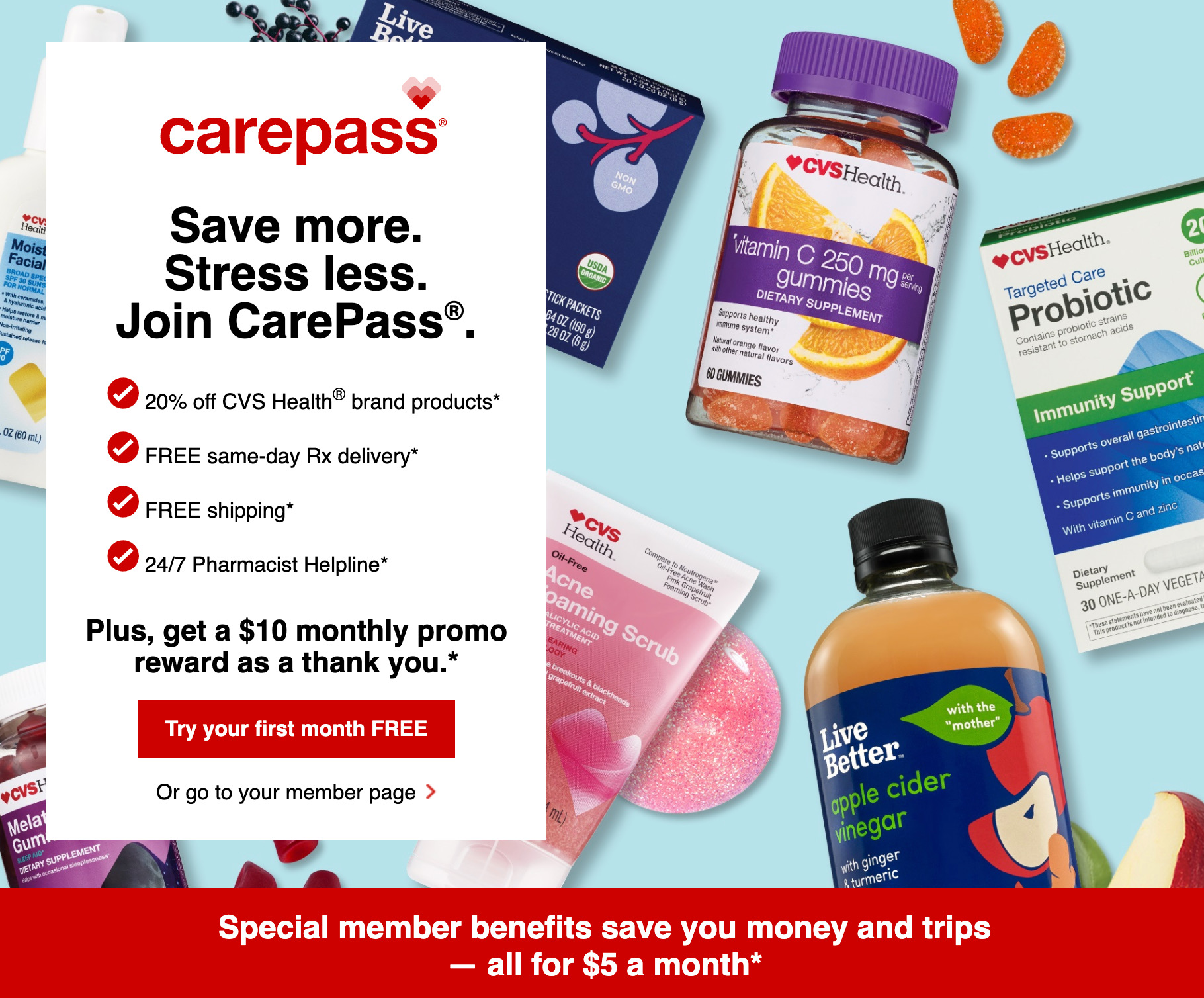 CVS CarePass Membership: 20% Off CVS Health Brand + $10 Monthly Promo Reward + First Month Free