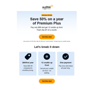 1-Year Audbile Premium Plus Membership - 12 credits up front - $89.00