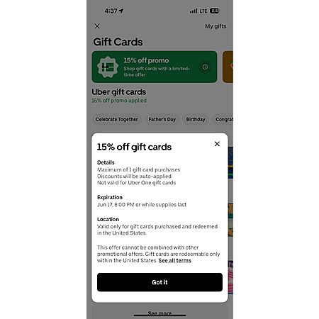 Uber Gift Cards 15% off - Uber App (YMMV)