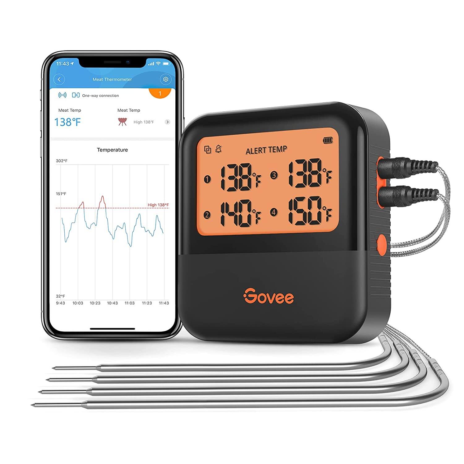 Govee Bluetooth Meat Thermometer, Wireless Kitchen Grill with 4 Probes, Backlight and Magnet, 230ft Remote Temperature Monitoring, Smart Alert Notification -$23.99