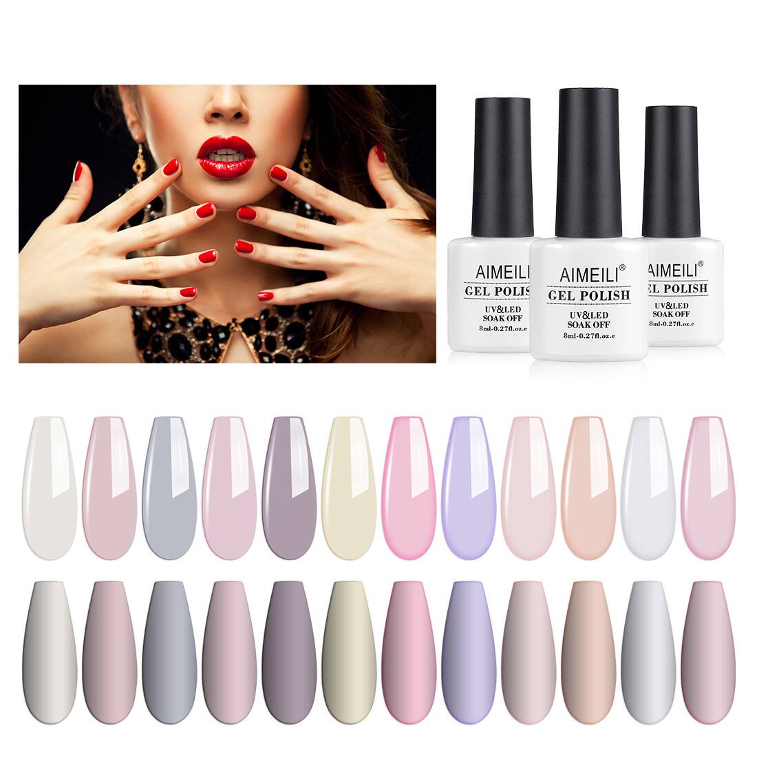 AIMEILI Pink Nude White Color Gel Nail Polish Set Of 12pcs for - $9.89 + Free Shipping w/ Amazon Prime or Orders $25+