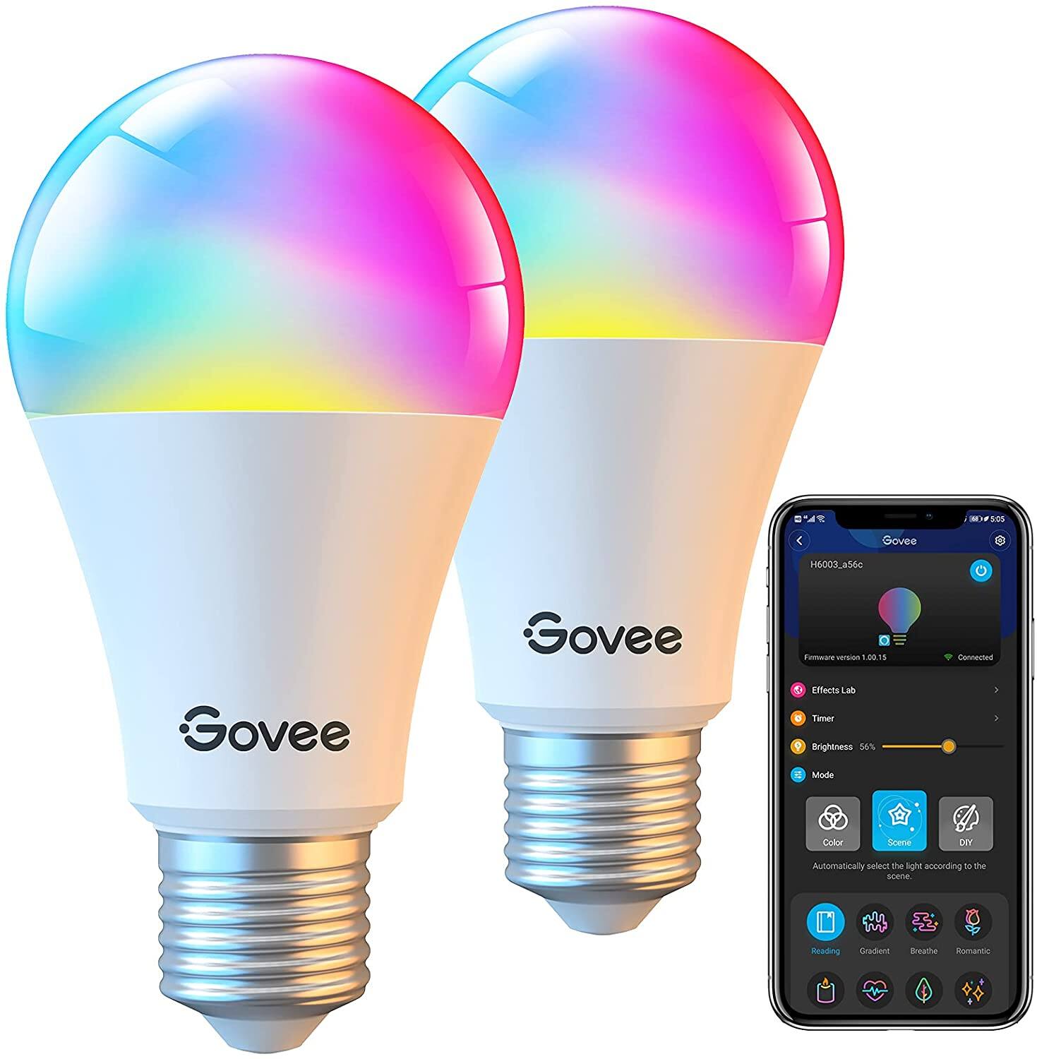 Govee 2 Pack WiFi RGB Color Changing Light Bulbs Work with Alexa & Google Assistant, 9W 60W Equivalent A19, Brightness Dimmable & Tunable: $15.59 + FS with Prime