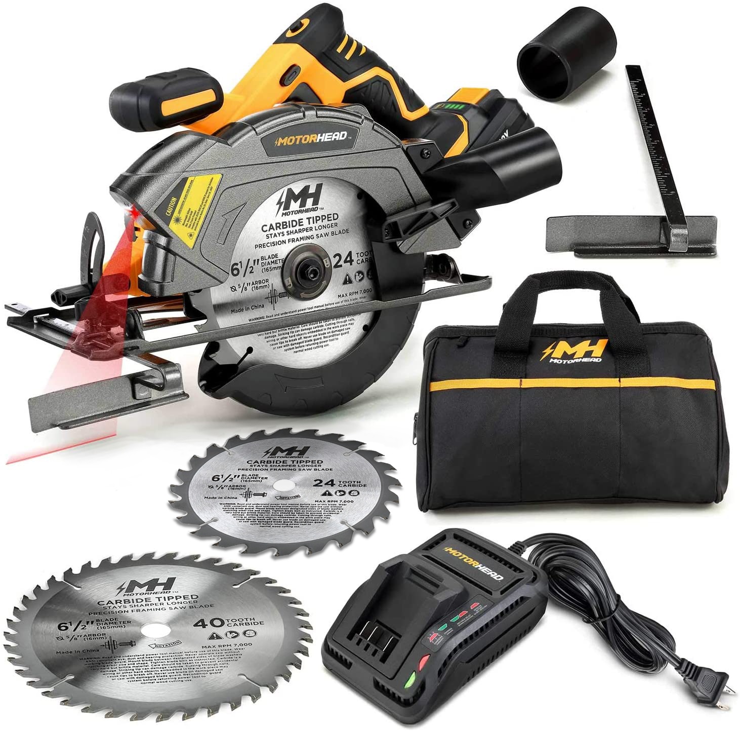 MOTORHEAD 20V ULTRA 6-1/2” Cordless Circular Saw, Lithium-Ion, Laser Guide, LED, Rip Fence, 0-50° Bevel, w/ 2Ah Battery & Quick Charger, Bag, 2 Blades - 24T, 40T, $69.99