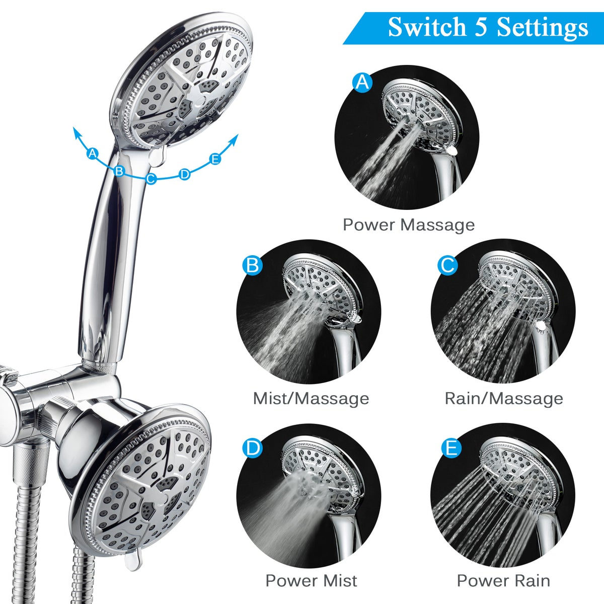 Ukoke USH01S 3 way shower head, 2 in 1 handheld Shower & Fixed Shower head Combo, High Pressure 24 Function Rainfall Chrome Face with Hose 2.5 GPM+$14.99