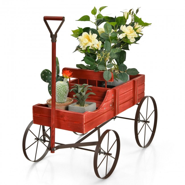 Costway Wooden Wagon Plant Bed With Wheel for Garden Yard $36 + Free Shipping