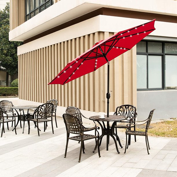 9ft Solar 32 LED Lighted Patio Umbrella Red Adjustment and Crank Lift System for $65.99 + Free Shipping