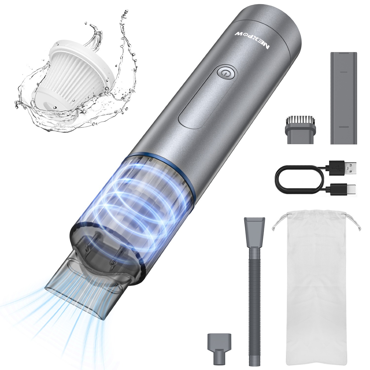 NEXPOW Portable 7000PA Handheld Car Vacuum Cleaner (7500 mAh Battery, Gray) $15 + Free Shipping w/ Prime or $35+ orders
