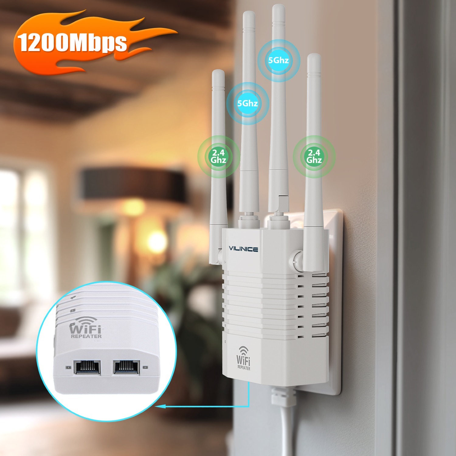 VILINICE Dual Band Wifi Extender 1200Mbps (8800sq.ft Coverage, 35+ Devices) $20 + Free Shipping w/ Walmart+ or $35+ orders