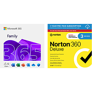 12-Month Microsoft Family (6-Users) + 1-Year Norton 360 Deluxe (3 Devices)  & More