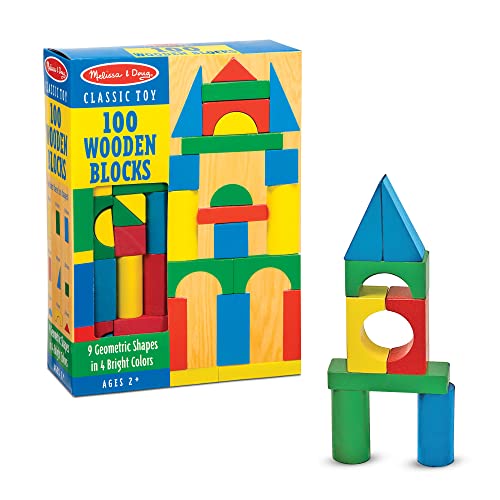 Melissa & Doug Wooden Building Blocks Set - 100 Blocks in 4 Colors and 9 Shapes - Classic Kids Toys, STEAM Toy, Colored Wood Blocks For Toddlers Ages 2+ $12.59