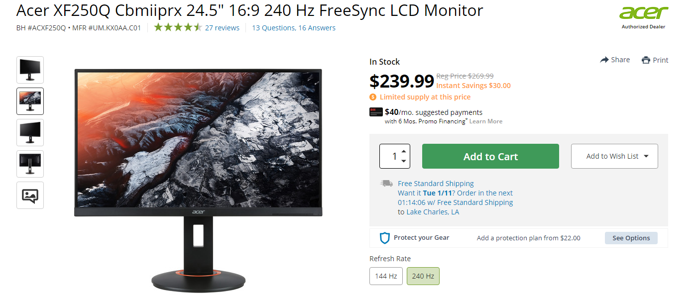 Acer XF250Q Cbmiiprx 24.5" 16:9 240 Hz FreeSync LCD Monitor $239.98