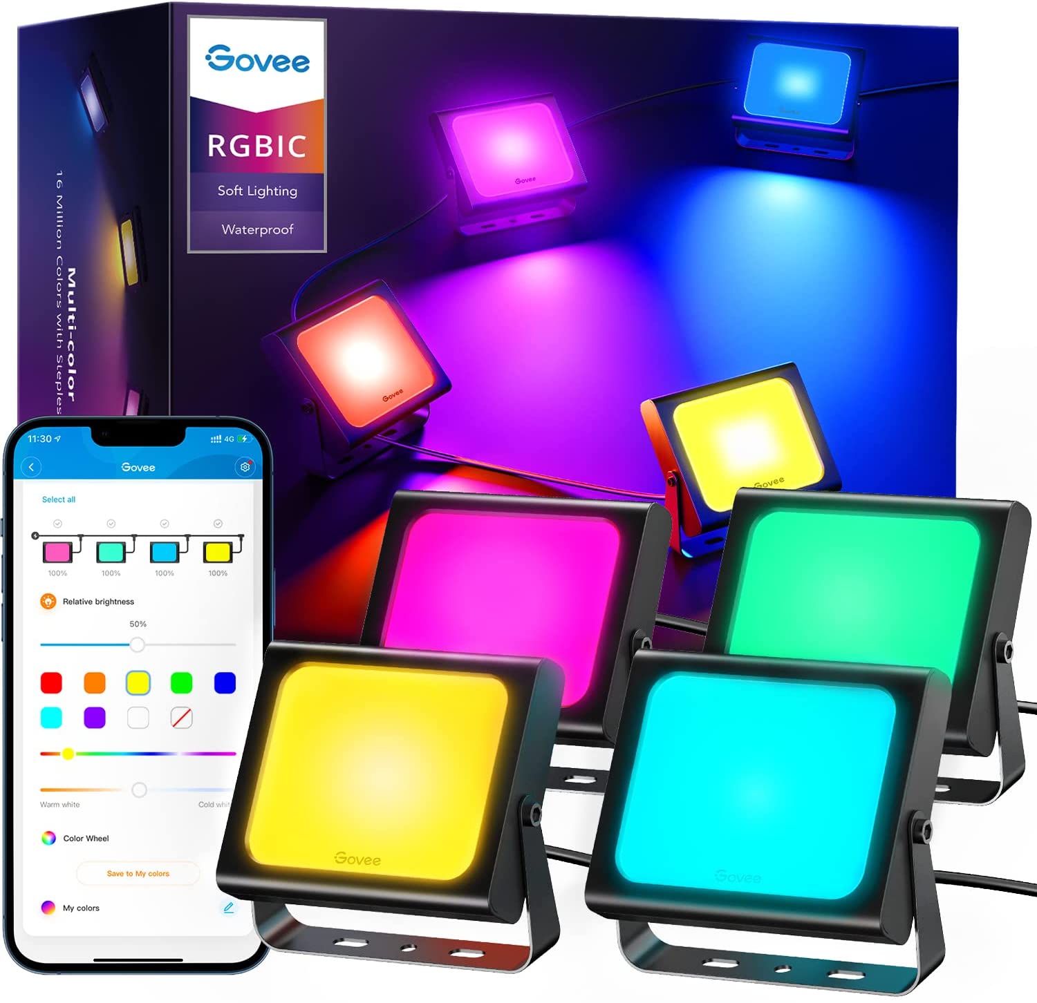Govee WiFi RGBIC Flood Lights Outdoor with App Control, Color Changing 500lm 2700-6500K, IP66 Waterproof, 28 Scene Modes - $79.99 + FS with PRIME