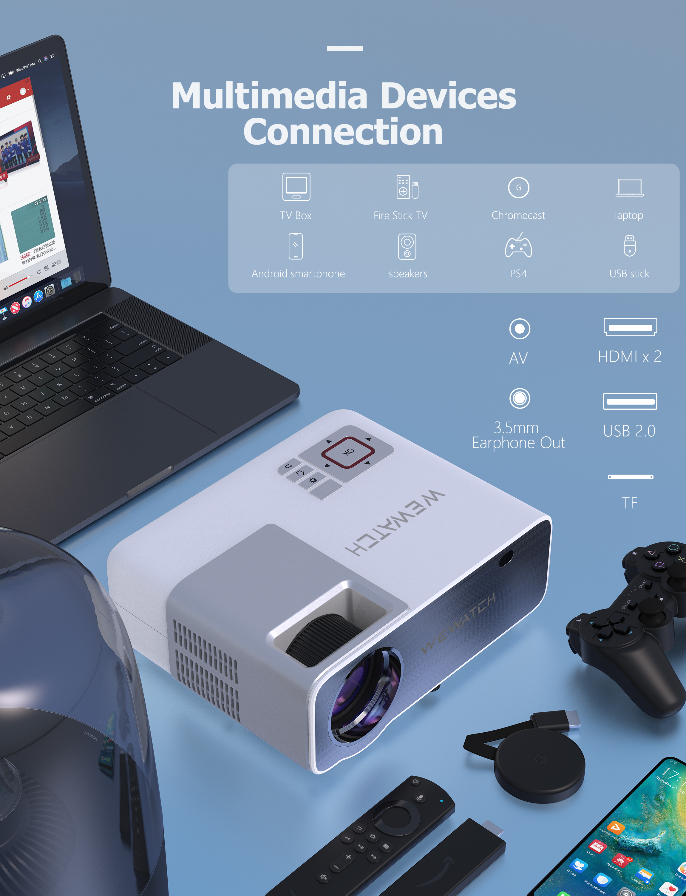 WEWATCH 5G Native 1080p Home Cinema Projector with ±45° Keystone Correction $68 + Free Shipping and 1-Year Warranty