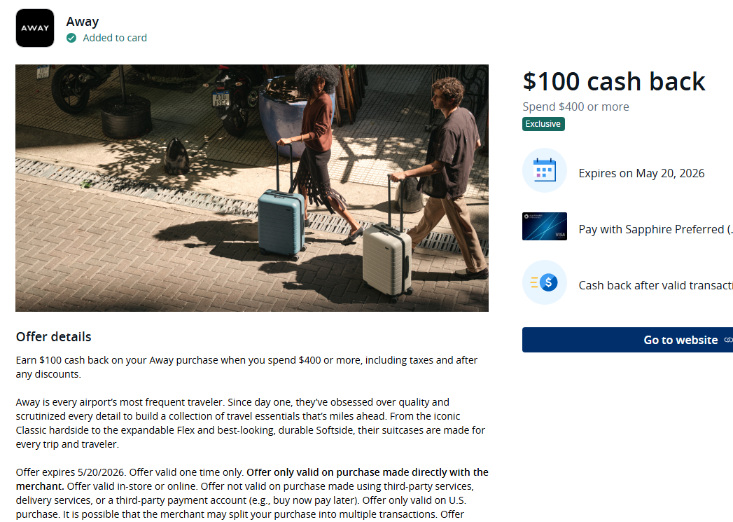 Targeted Chase Offers: Away Credit - Spend $500+, get $200 back (Chase Sapphire Reserve) and Spend $400, get $100 back (Chase Sapphire Preferred)