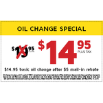$14.95 Standard Oil Change (5 quarts of 5W-30 oil and oil filter) after coupon and $5 Rebate @ Meineke