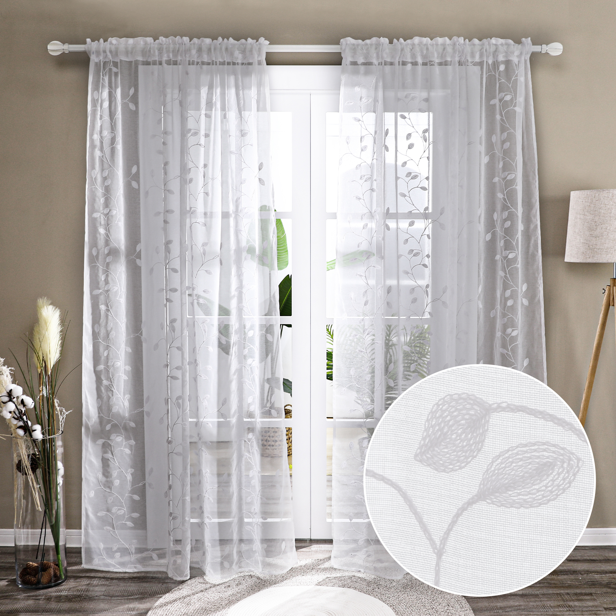 Deconovo Leaf Embroidered Sheer Curtains 2 Panels -$8.80~$13.30 + Free Shipping w/ Prime $9.6