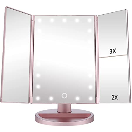 EASEHOLD Makeup Vanity Mirror with 2X 3X Magnifying Dimmable 21 LED Lighted Desk Mirror Adjustable 180 Degree Rotation Touch Screen Tri-Fold Mirror, FS, $18.19