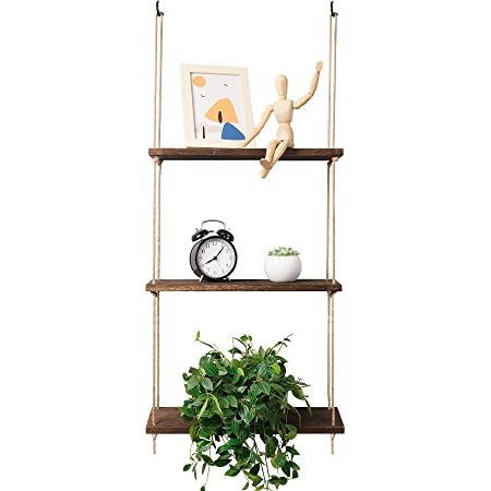 POTEY Wall Hanging Plant Shelf 3 Tier Wood Brown Floating Shelves Indoor Decor for Window/Kitchen/Bathroom/Bedroom $13.19