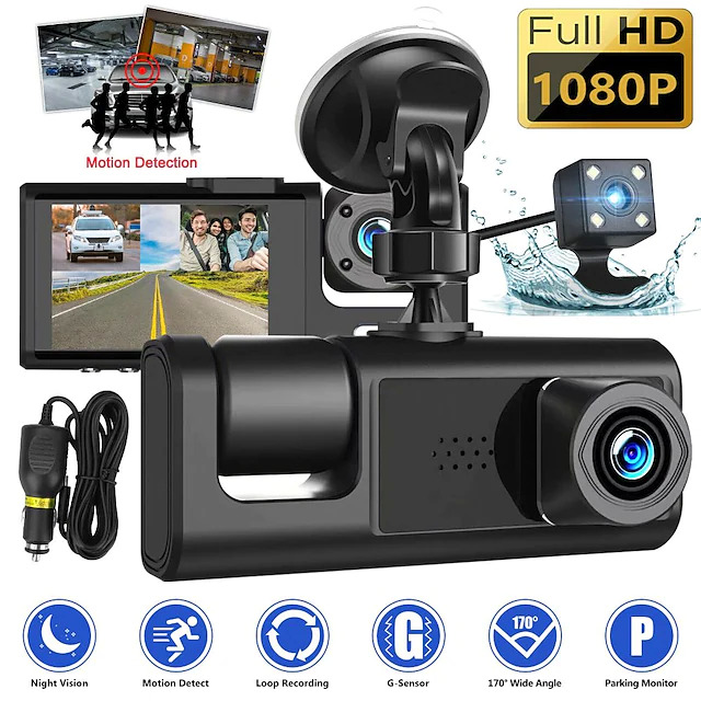 Mini3 Channel Dash Cam Front and Rear Inside 1080P Dash Camera with IR Night Vision Loop Recording G-Sensor $30+FS