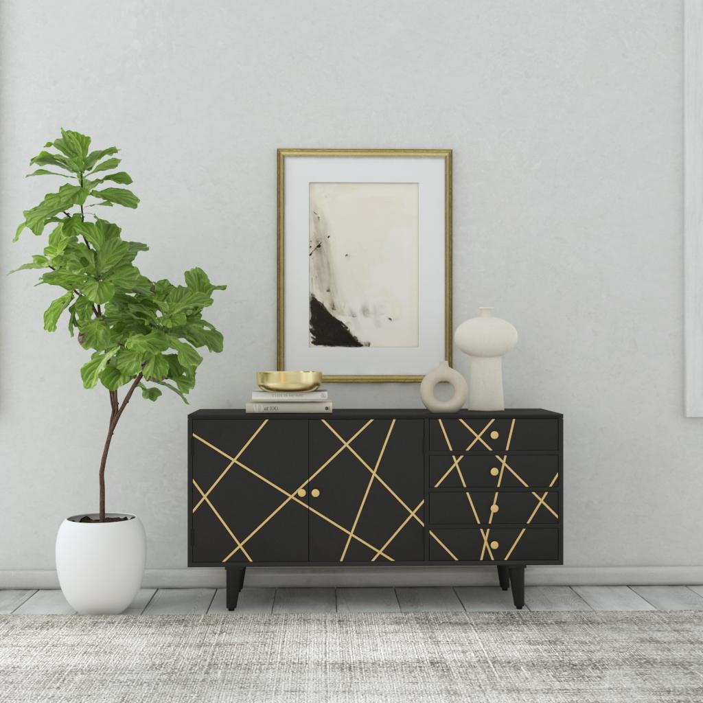 Kade Mid-Century Modern 4-Drawer 2-Door Console Table with Shelves, Black $422.00 + Free Shipping