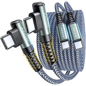 2-Pk 6.6' Ainope 60W USB-C Right Angle Braided Charging Cables (Grey) $5 