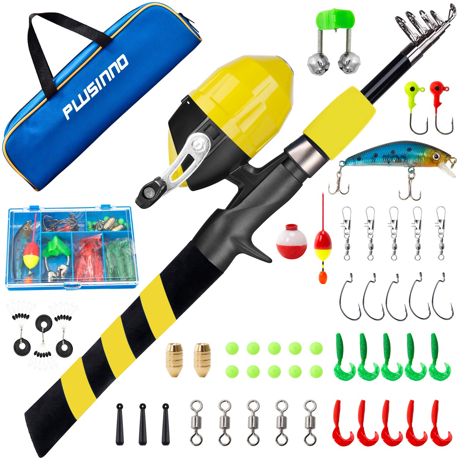 PLUSINNO Portable Telescopic Fishing Rod and Reel Combo Kit for kids (and adults!) yellow, 1