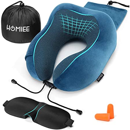 HOMIEE Travel Pillow Airplane Pillow Neck Support Pillow Memory Foam Cushion Essentials with Sleep Mask $12.99 with code