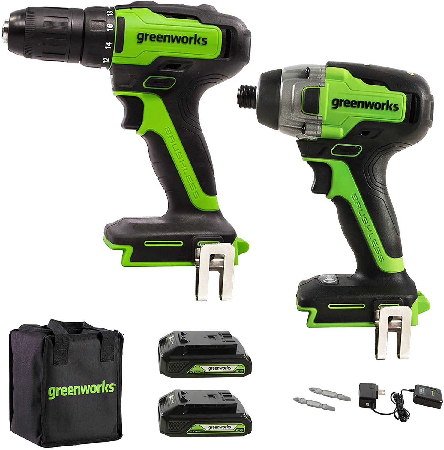 Greenworks 24V Brushless 310 in./lbs Drill / Driver + 1900 in./lbs Impact Driver with a 1.5Ah battery each $99.99