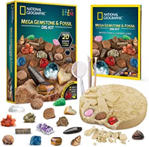 NATIONAL GEOGRAPHIC Mega Fossil and Gemstone Dig Kits - Excavate 20 Real Fossils and Gems, STEM Science Gift w. Prime or orders over $25